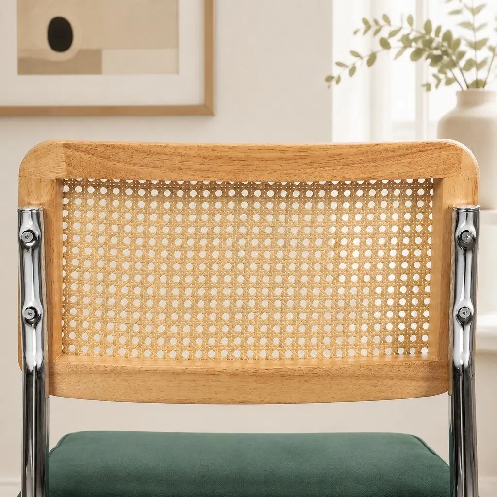 Dining Chairs Rattan Backrest Padded Seat Steel Frame Green Natural