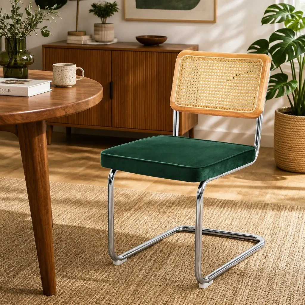 Dining Chairs Rattan Backrest Padded Seat Steel Frame Green Natural
