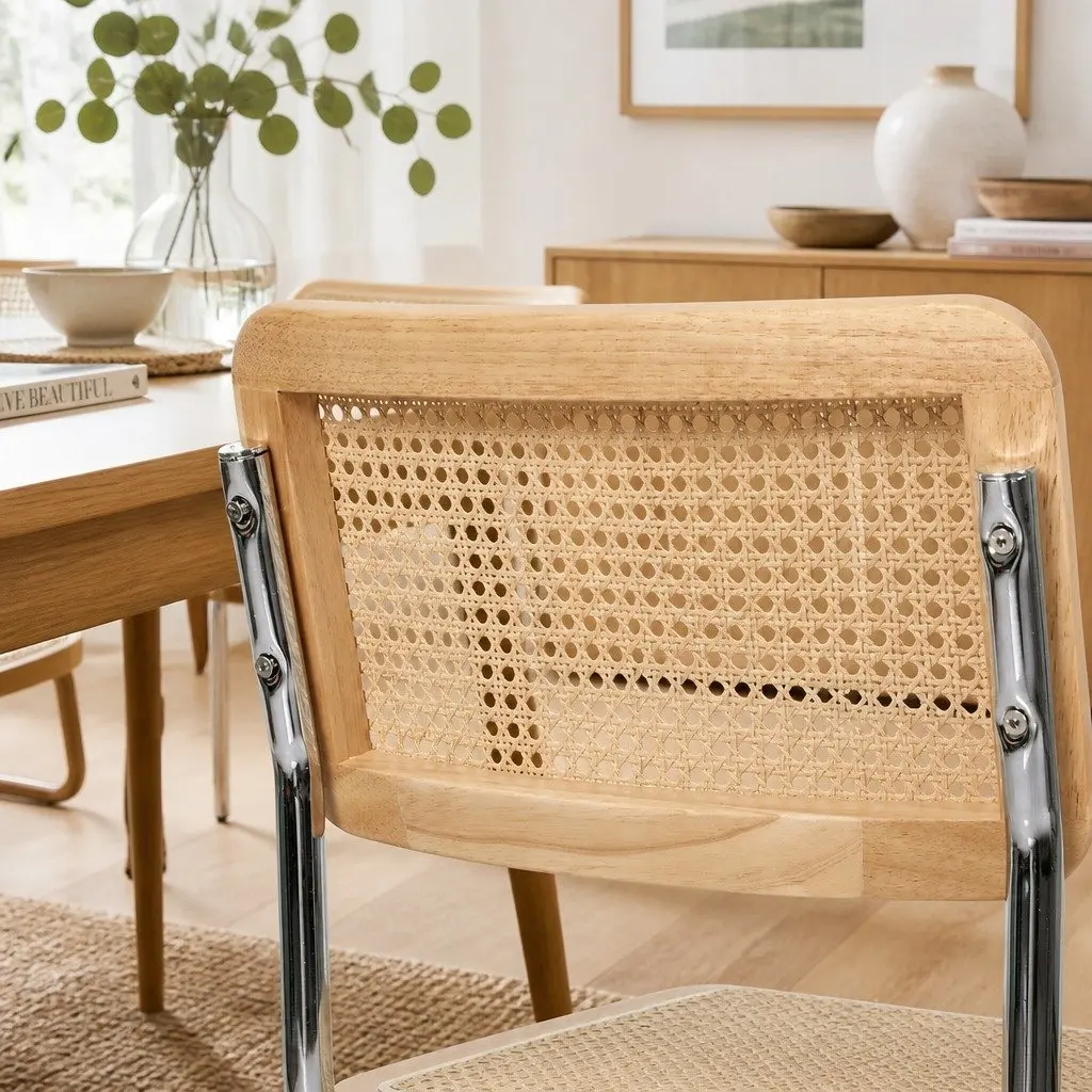 8 Piece Woven Rattan Seat Dining Chairs Set Natural Colour Cantilever Steel Frame