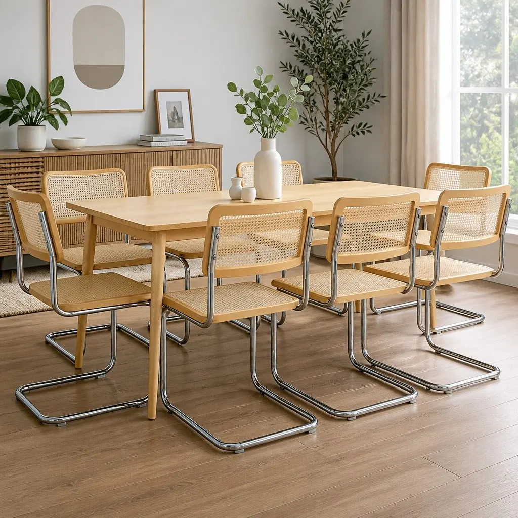 8 Piece Woven Rattan Seat Dining Chairs Set Natural Colour Cantilever Steel Frame