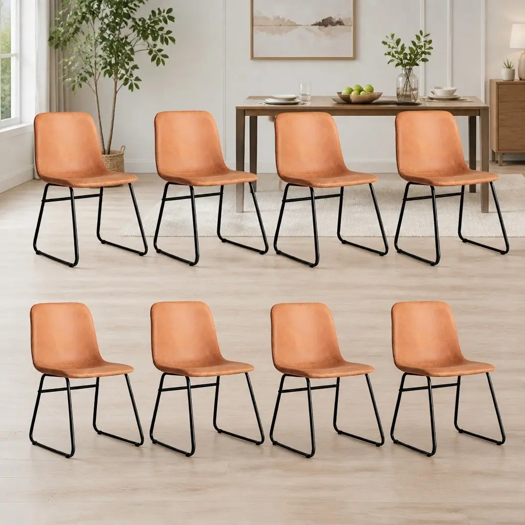 Set of 8 Ergonomic Dining Chairs Padded PU Leather Upholstered Kitchen Seating Brown
