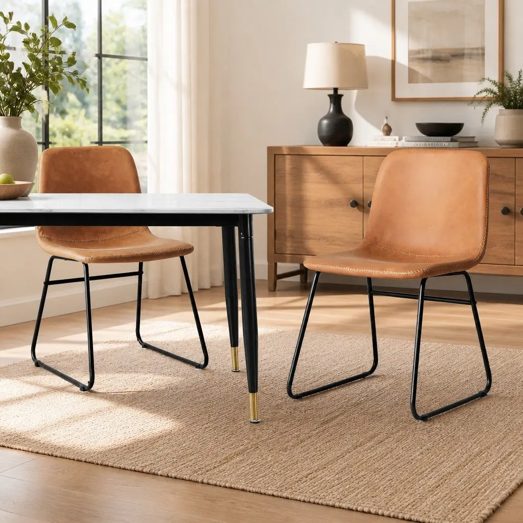 Set of 8 Ergonomic Dining Chairs Padded PU Leather Upholstered Kitchen Seating Brown