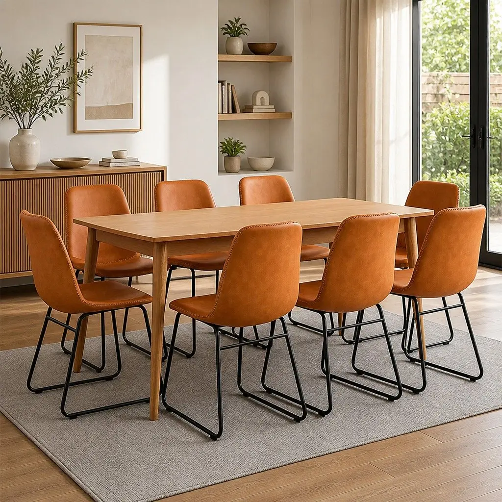 Set of 8 Ergonomic Dining Chairs Padded PU Leather Upholstered Kitchen Seating Brown