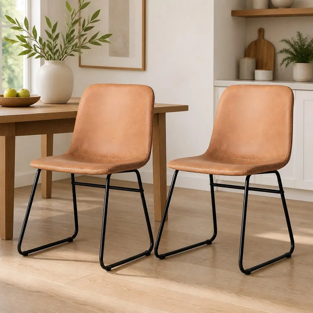 Set of 8 Ergonomic Dining Chairs Padded PU Leather Upholstered Kitchen Seating Brown