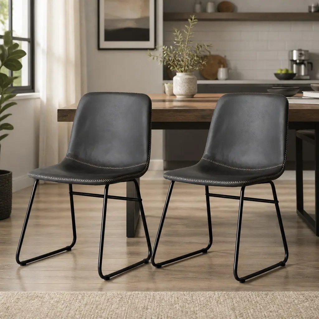Dining Chairs Set of 2 Retro Kitchen Seat Black Faux Leather Ergonomic