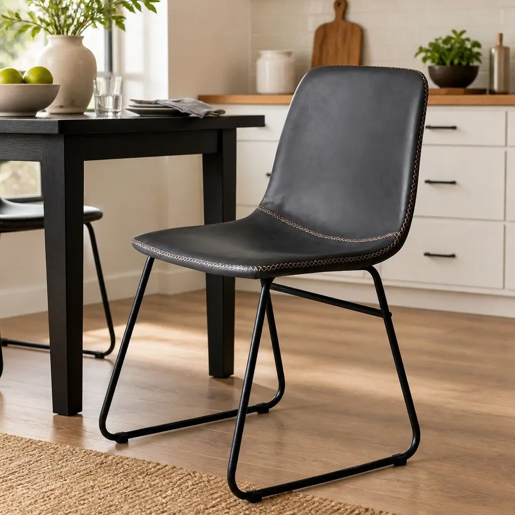 Dining Chairs Set of 2 Retro Kitchen Seat Black Faux Leather Ergonomic
