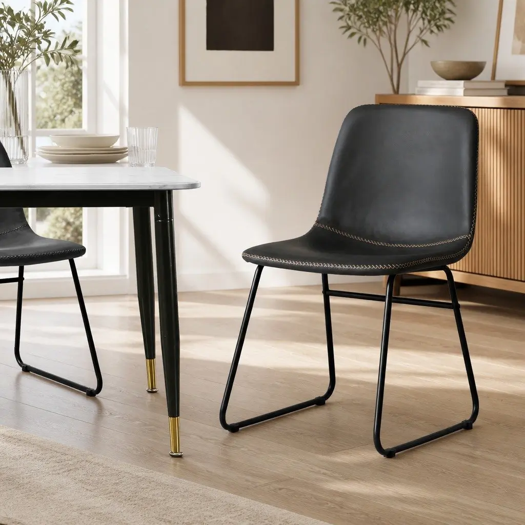 Dining Chairs Set of 2 Retro Kitchen Seat Black Faux Leather Ergonomic