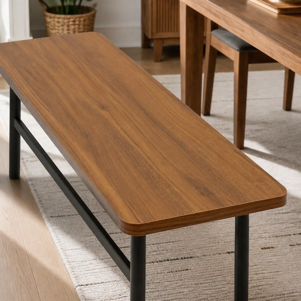 Dining Bench Chair Brown MDF Top 140cm Steel Frame 2 to 3 Seater