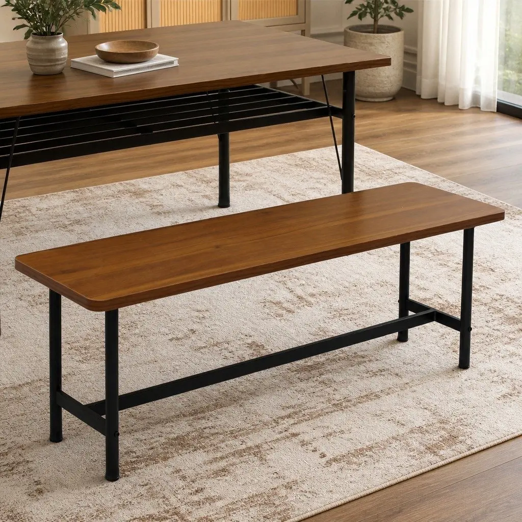 Dining Bench Chair Brown MDF Top 140cm Steel Frame 2 to 3 Seater