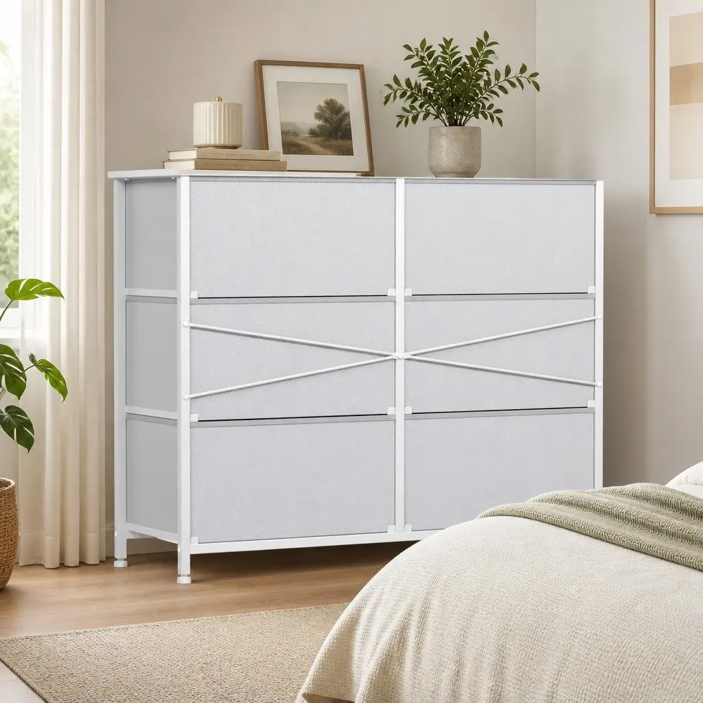 6 Drawer Chest of Drawers Vintage Storage Cabinet Organiser Unit White 88cm x 30cm x 70cm