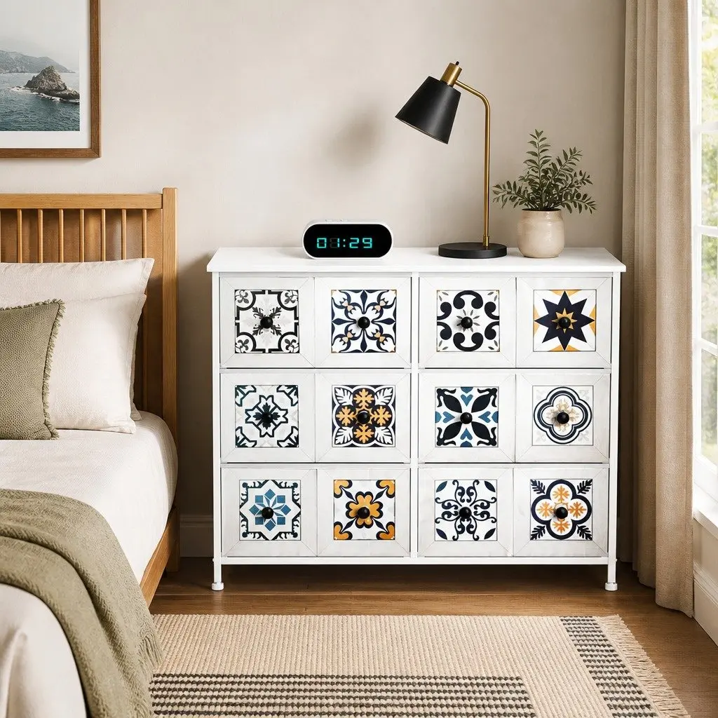 6 Drawer Chest of Drawers Vintage Storage Cabinet Organiser Unit White 88cm x 30cm x 70cm