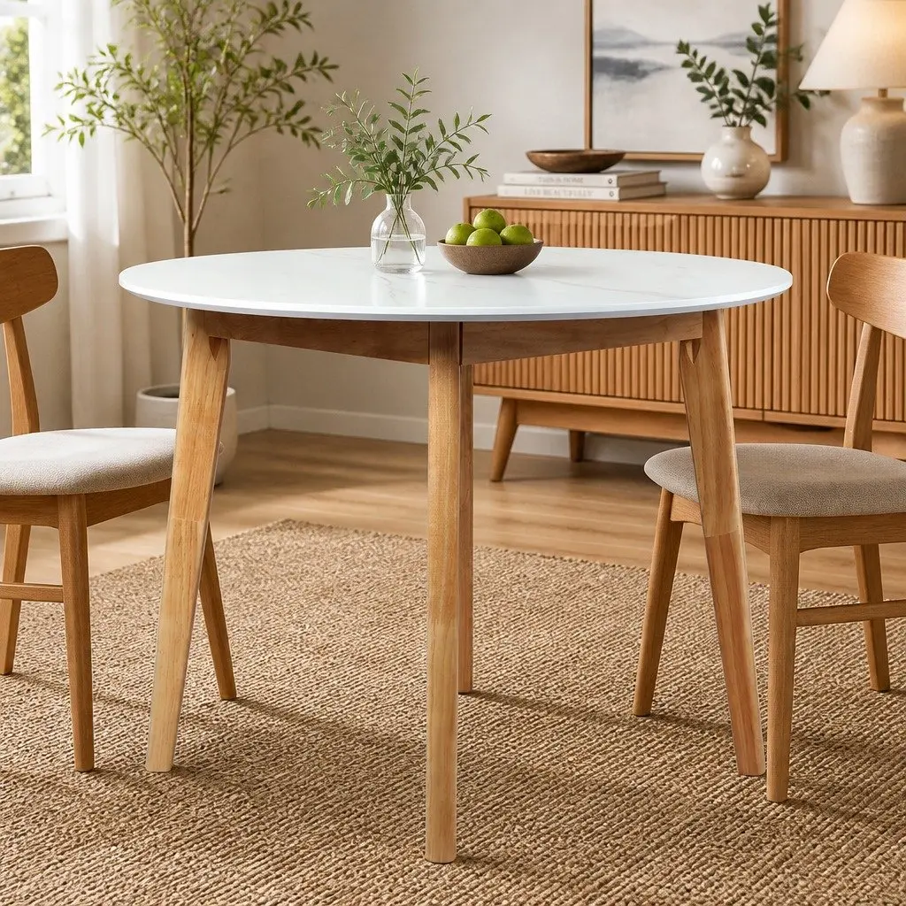 Round Dining Table 100cm White Rubberwood Base Kitchen Dinner Furniture