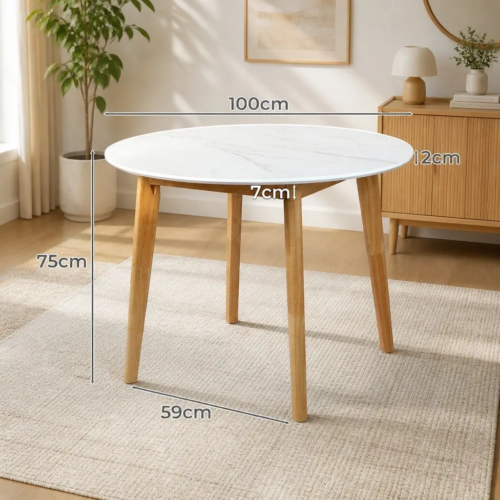 Round Dining Table 100cm White Rubberwood Base Kitchen Dinner Furniture