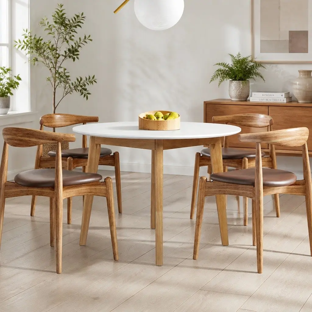 Round Dining Table 100cm White Rubberwood Base Kitchen Dinner Furniture