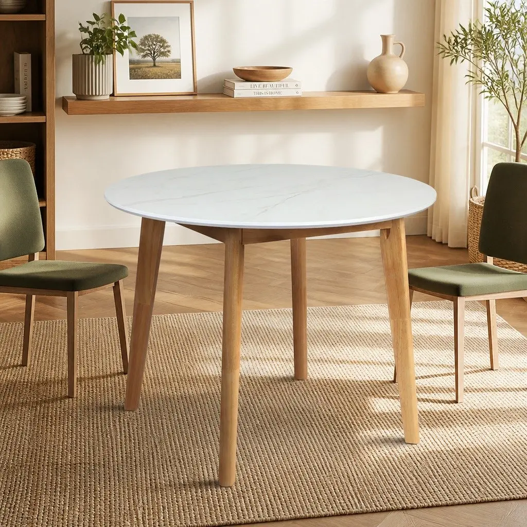 Round Dining Table 100cm White Rubberwood Base Kitchen Dinner Furniture