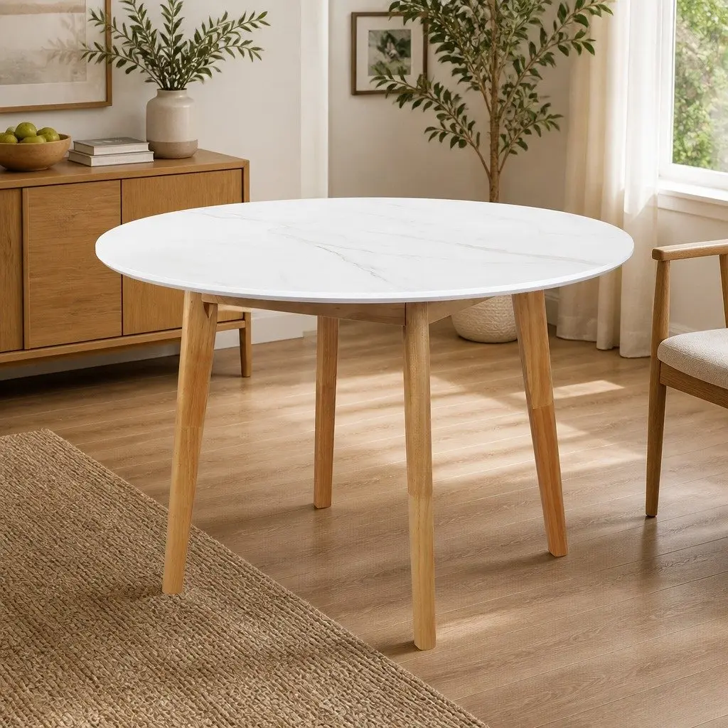 Round Dining Table Bevelled Edge 120cm White Rubberwood Base
