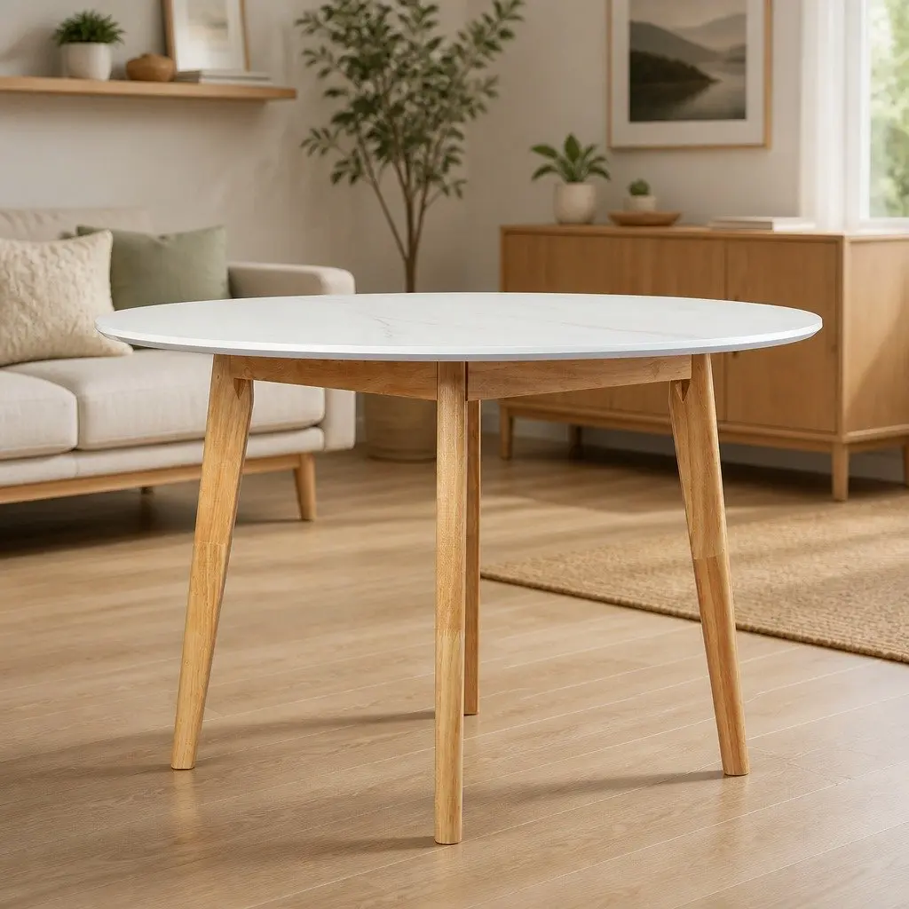 Round Dining Table Bevelled Edge 120cm White Rubberwood Base