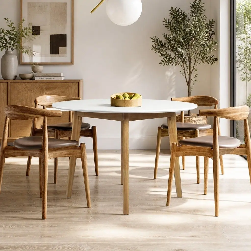 Round Dining Table Bevelled Edge 120cm White Rubberwood Base