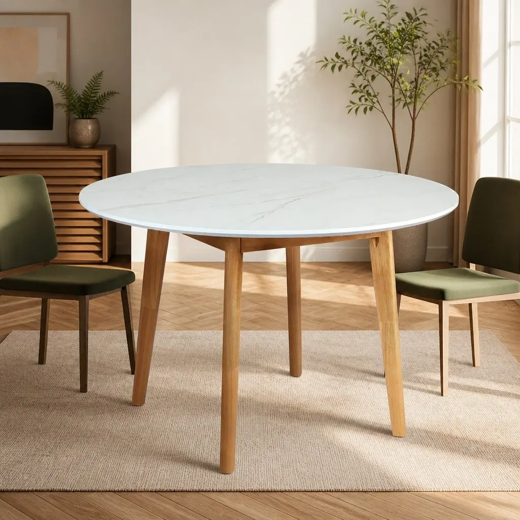 Round Dining Table Bevelled Edge 120cm White Rubberwood Base