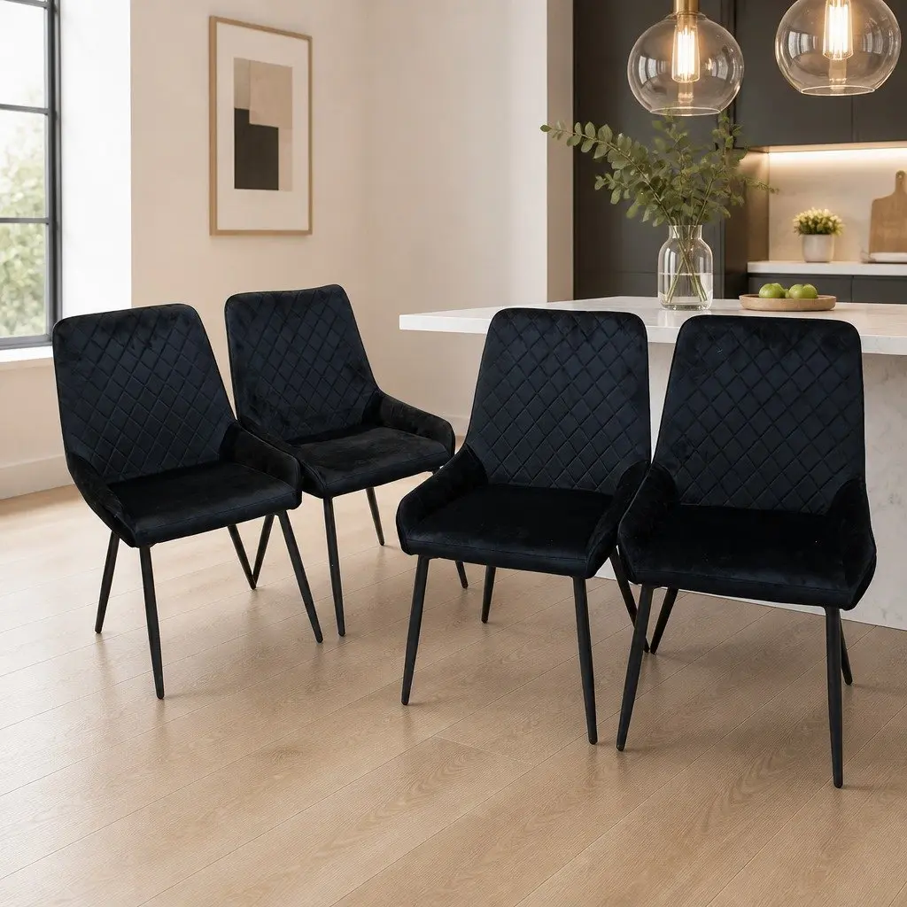 Dining Chairs x4 Padded Velvet Seat Steel Frame High Density Foam Comfort