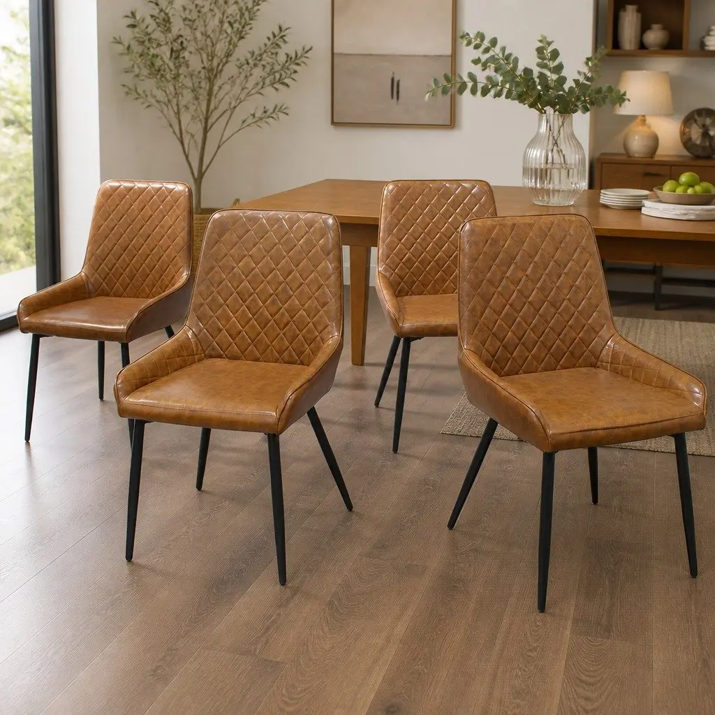 Padded Dining Chairs PU Faux Leather Steel Frame Brown Set of 4