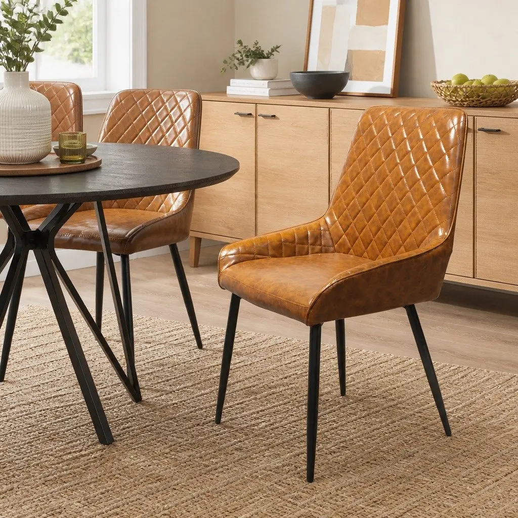Padded Dining Chairs PU Faux Leather Steel Frame Brown Set of 4
