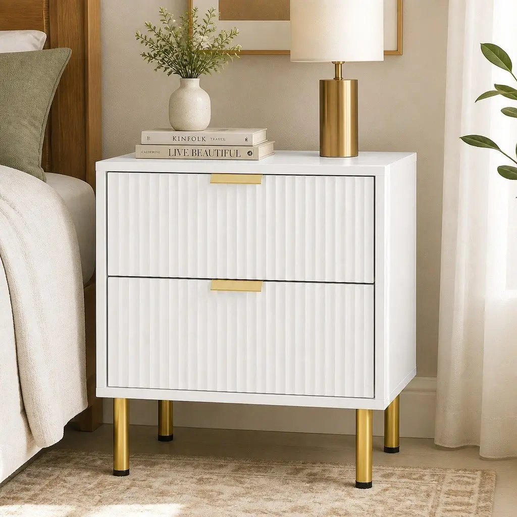 Bedside Table White Finish 2 Drawers Compact Size Metal Legs
