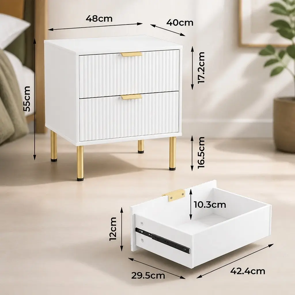 Bedside Table White Finish 2 Drawers Compact Size Metal Legs