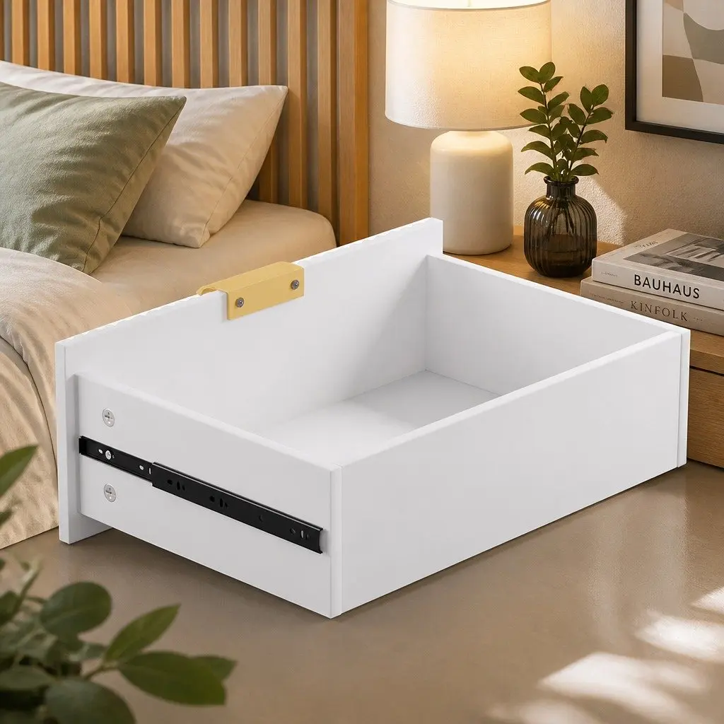 Bedside Table White Finish 2 Drawers Compact Size Metal Legs