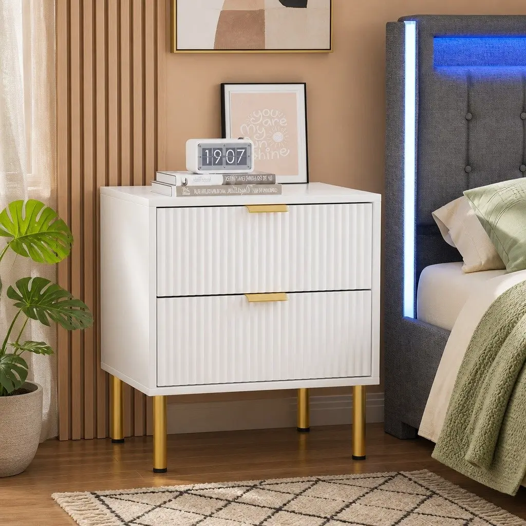 Bedside Table White Finish 2 Drawers Compact Size Metal Legs