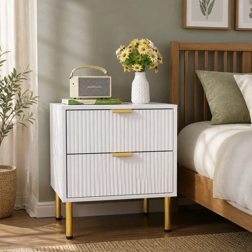 Bedside Table White Finish 2 Drawers Compact Size Metal Legs