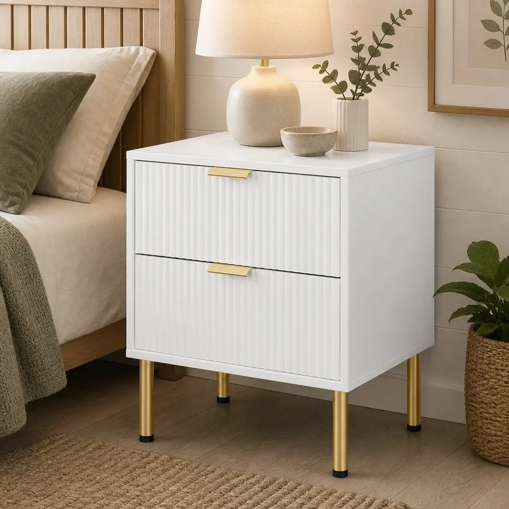Bedside Table White Finish 2 Drawers Compact Size Metal Legs