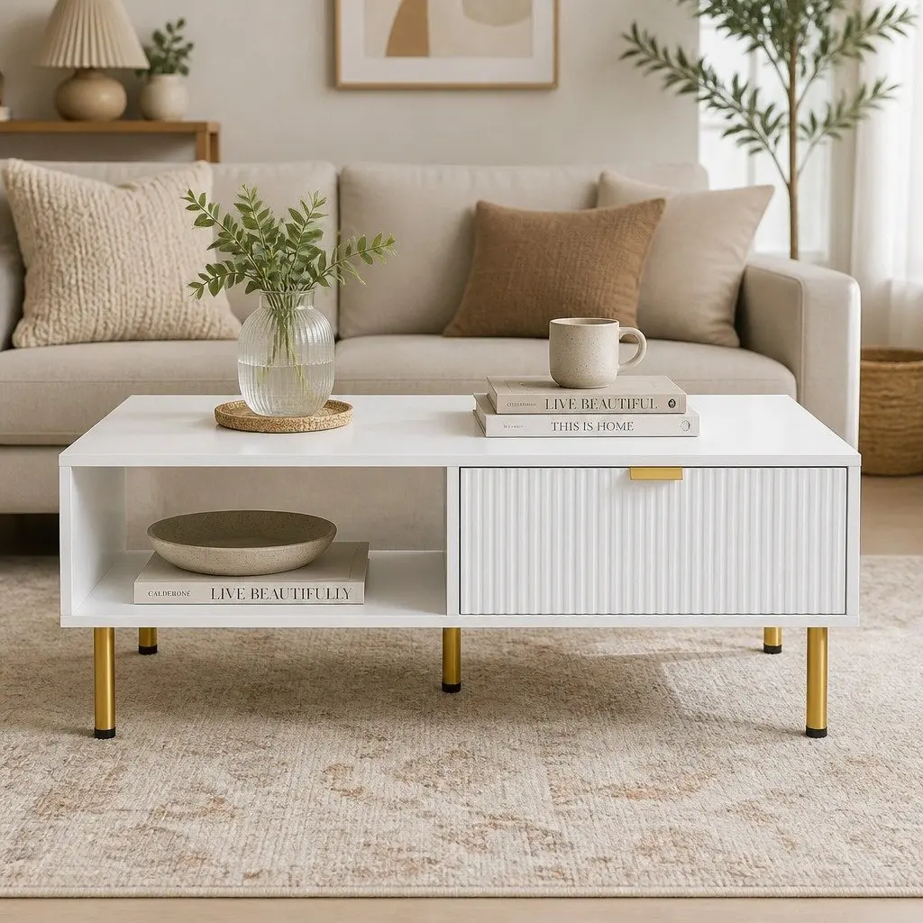 Modern Coffee Table 110cm White Gold Storage Drawer Open Shelf Living Room