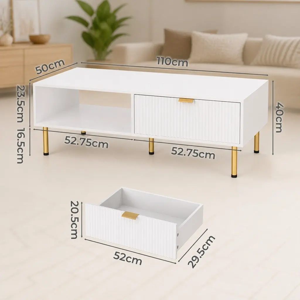 Modern Coffee Table 110cm White Gold Storage Drawer Open Shelf Living Room