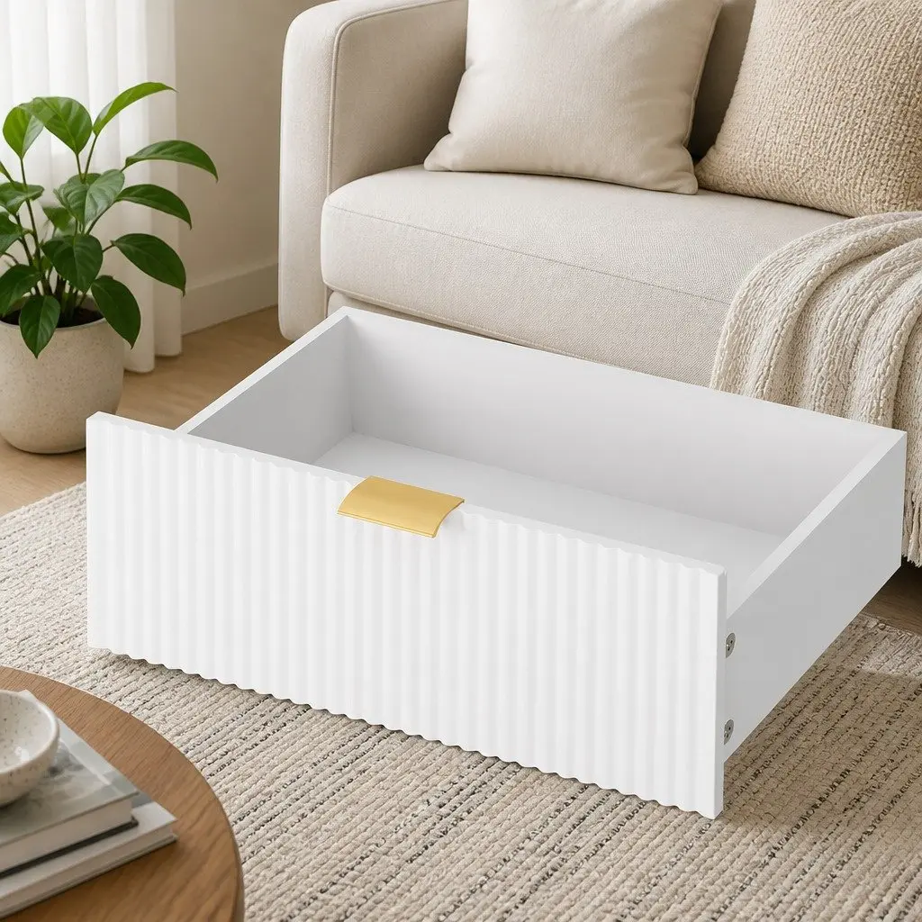 Modern Coffee Table 110cm White Gold Storage Drawer Open Shelf Living Room