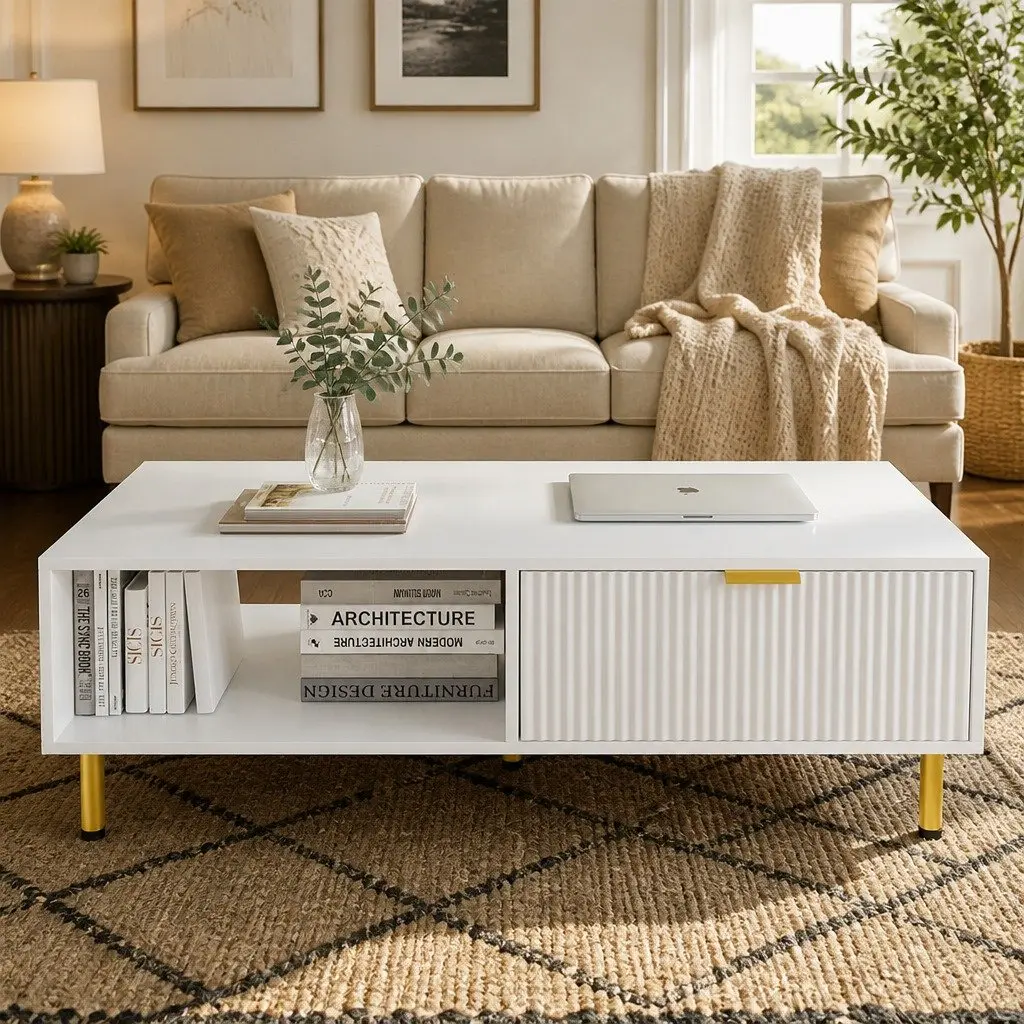 Modern Coffee Table 110cm White Gold Storage Drawer Open Shelf Living Room