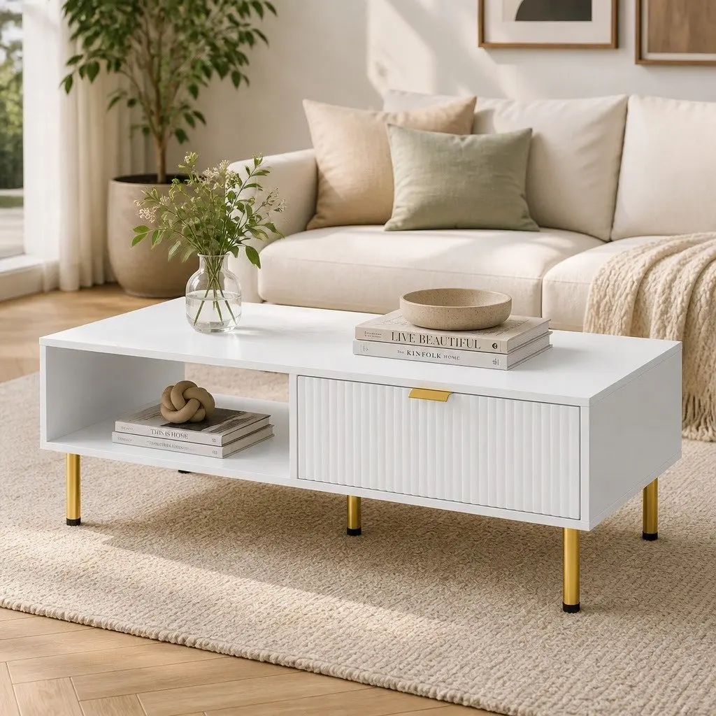 Modern Coffee Table 110cm White Gold Storage Drawer Open Shelf Living Room