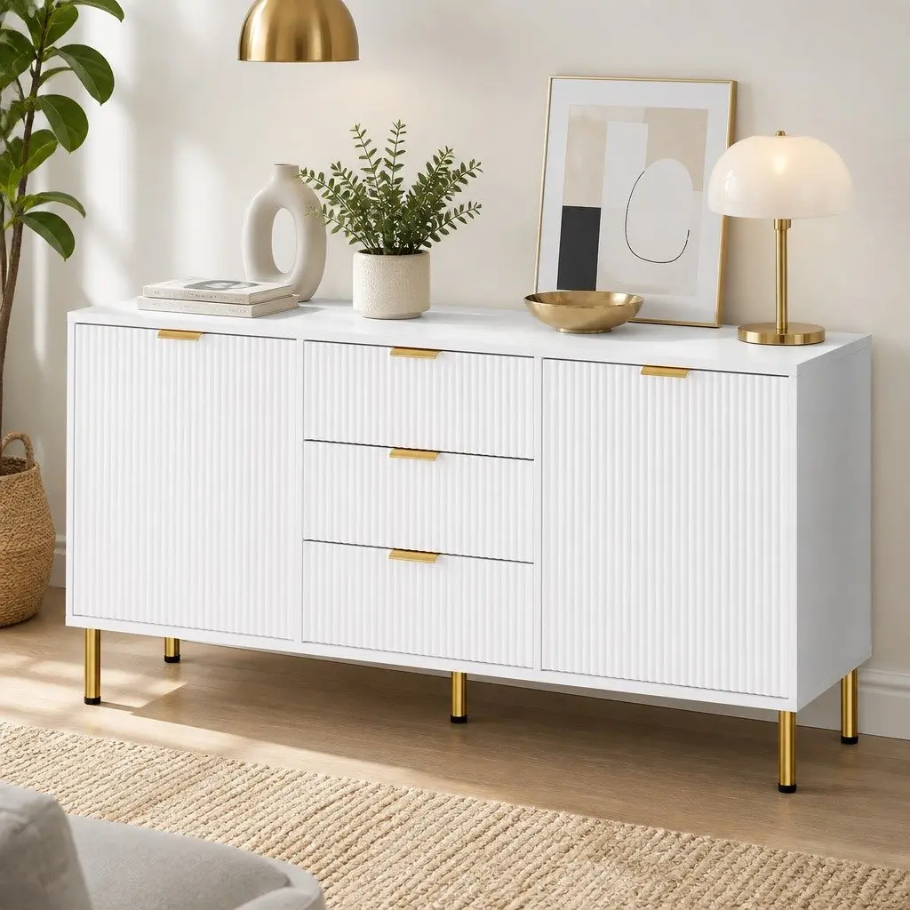Storage Sideboard Cabinet White 3 Drawers 2 Doors