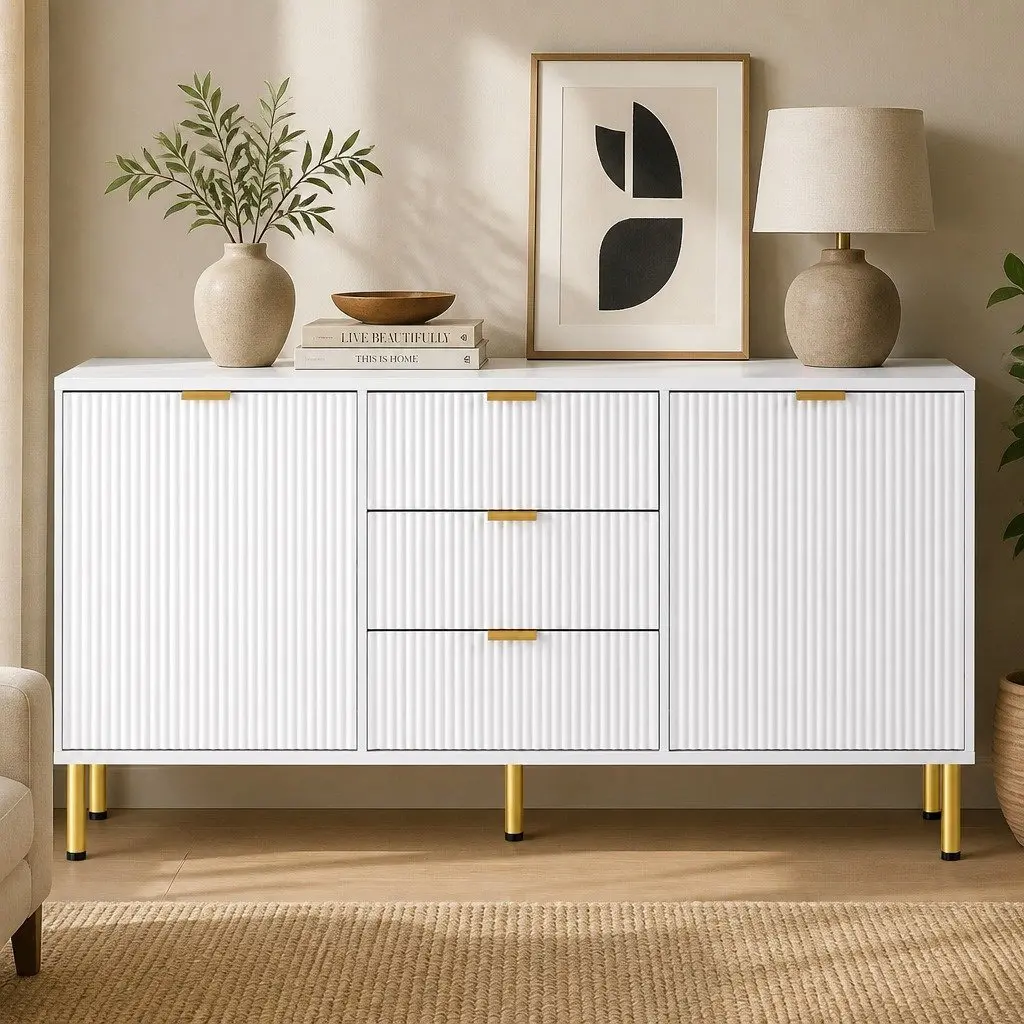 Storage Sideboard Cabinet White 3 Drawers 2 Doors