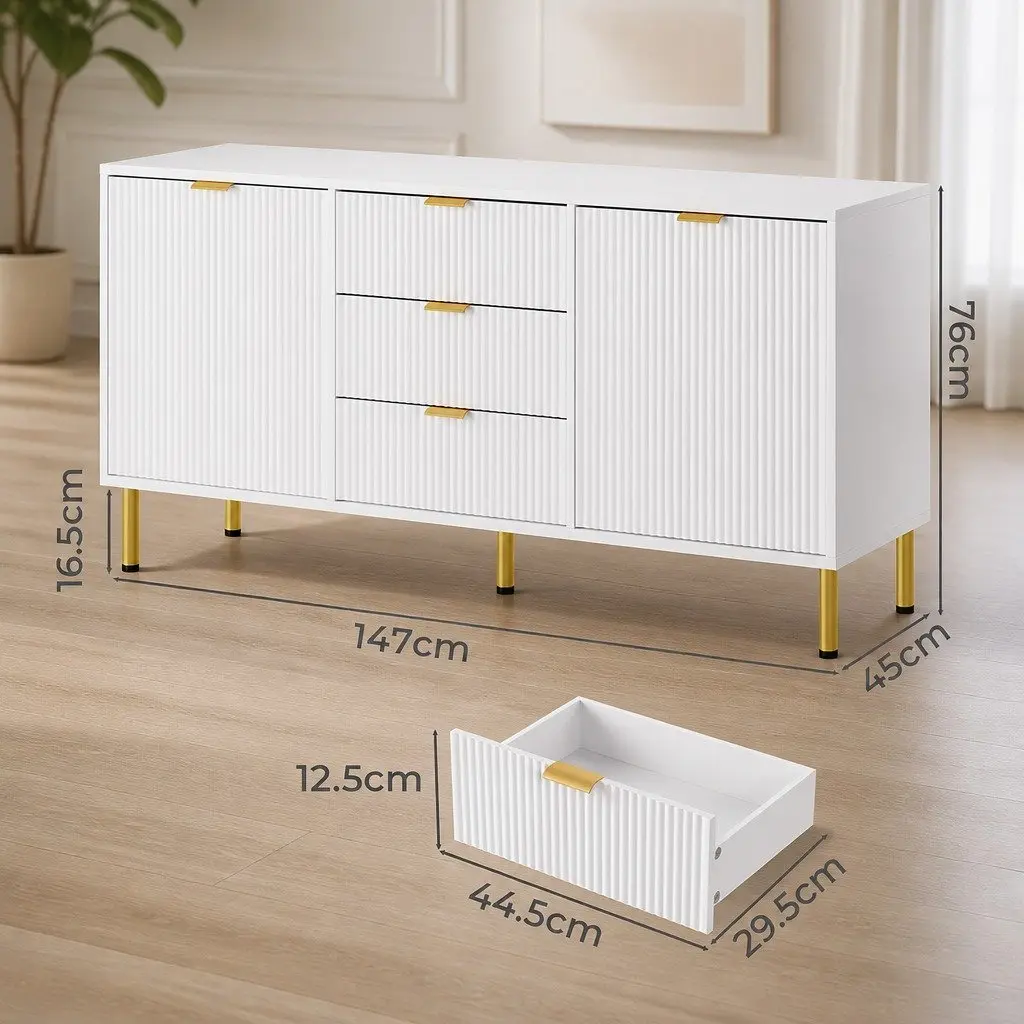 Storage Sideboard Cabinet White 3 Drawers 2 Doors
