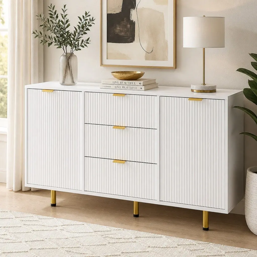 Storage Sideboard Cabinet White 3 Drawers 2 Doors