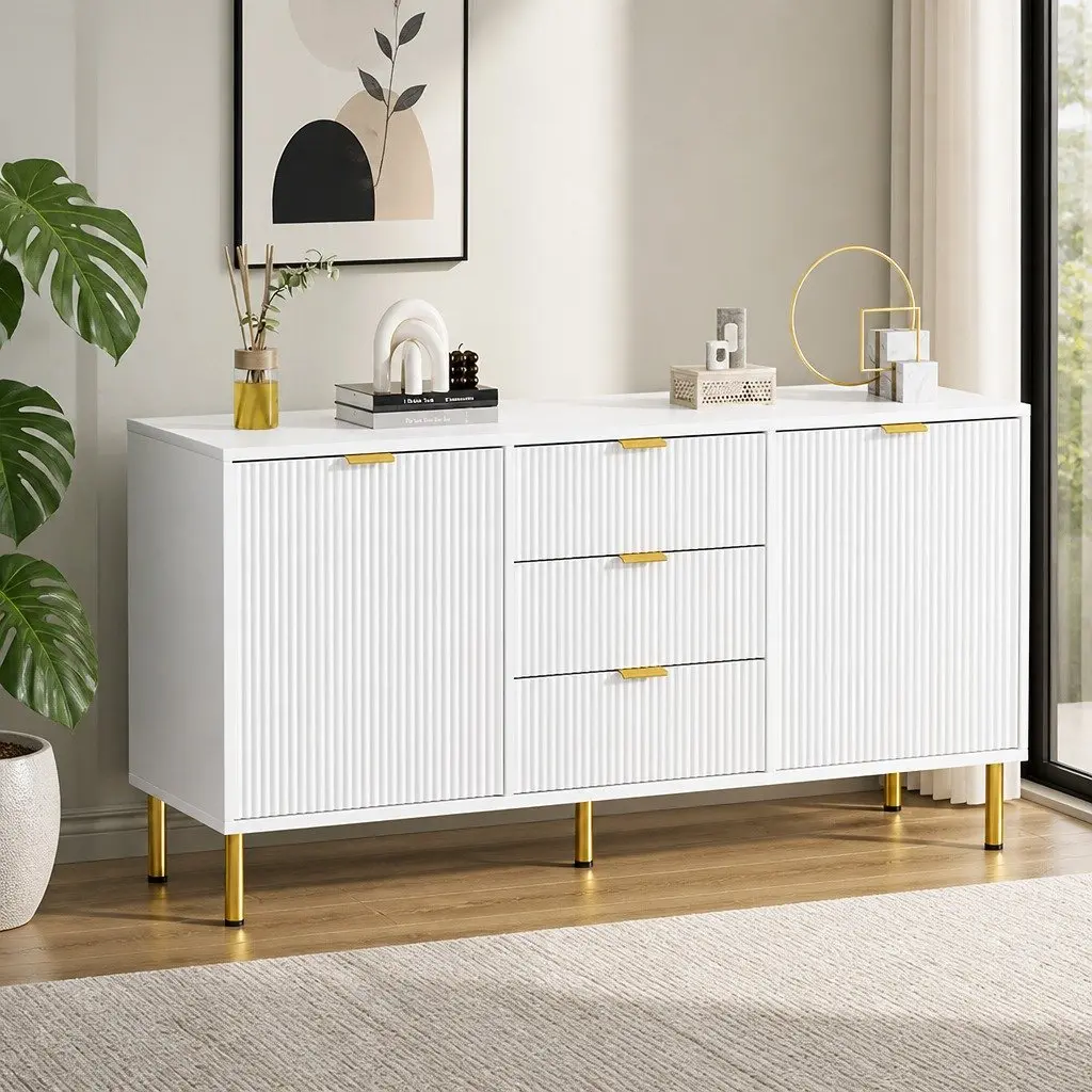 Storage Sideboard Cabinet White 3 Drawers 2 Doors