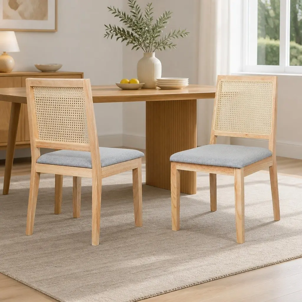 Dining Chairs Rattan Weave Open Back Wooden 2 Piece