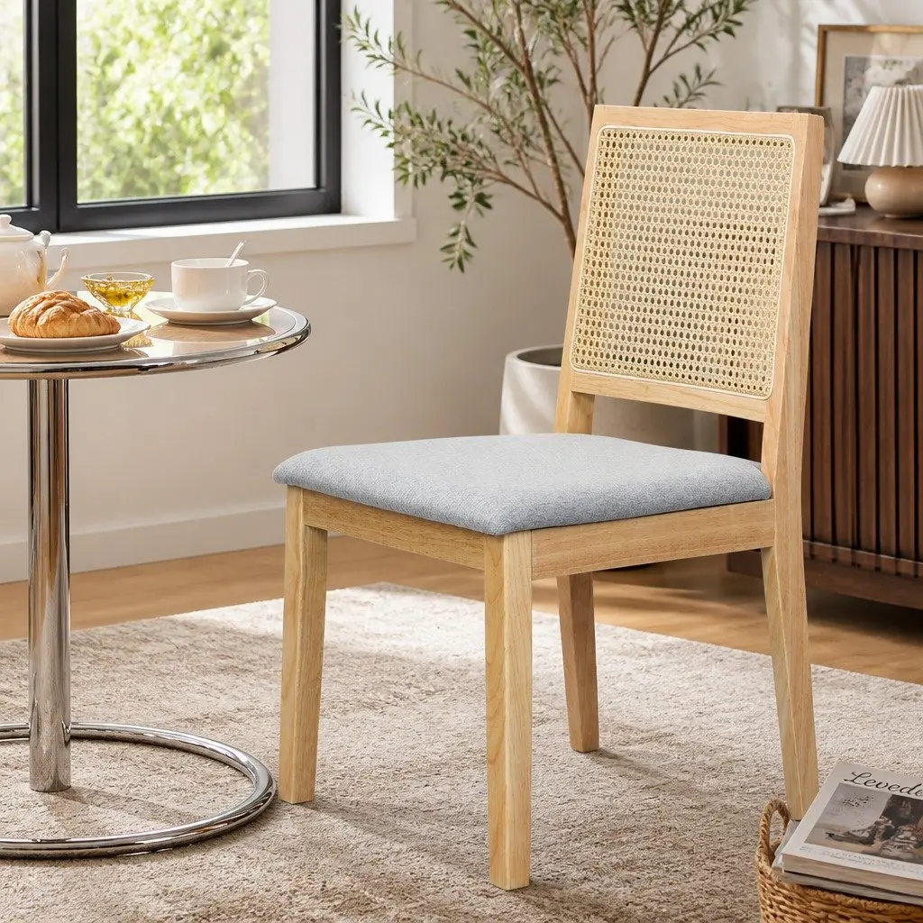 Dining Chairs Rattan Weave Open Back Wooden 2 Piece