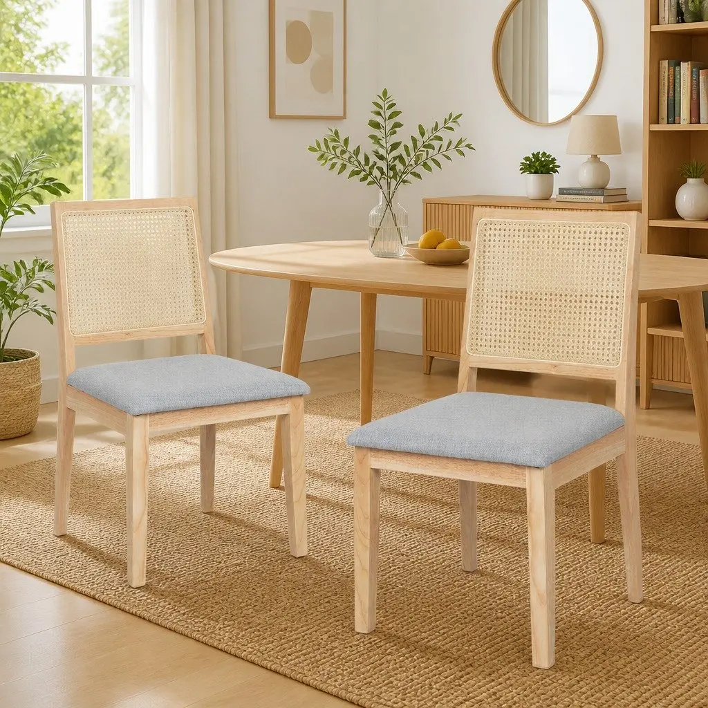 Dining Chairs Rattan Weave Open Back Wooden 2 Piece