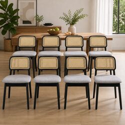 Dining Chair Set of 8 Rattan Weave Armless Black Wood Frame Kitchen Furniture