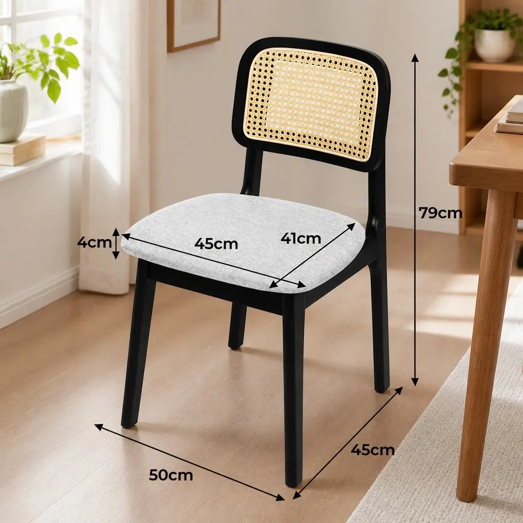 Set of 8 Armless Dining Chairs with Rattan Weave Backrest and Black Wood Frame for Kitchen and Living Spaces