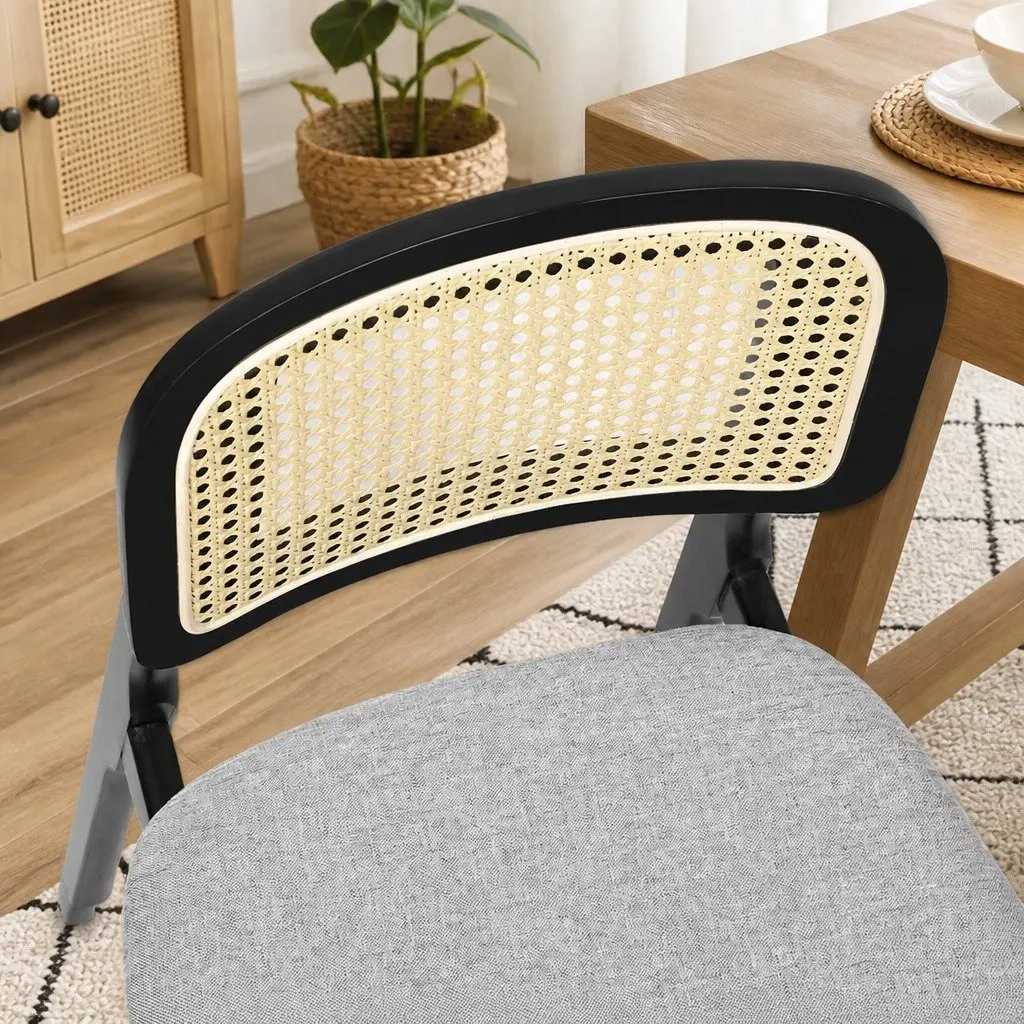Set of 8 Armless Dining Chairs with Rattan Weave Backrest and Black Wood Frame for Kitchen and Living Spaces