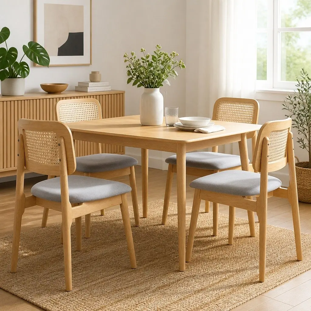 Dining Chair Set of 4 Armless Rattan Woven Natural Wood Frame Kitchen Chairs