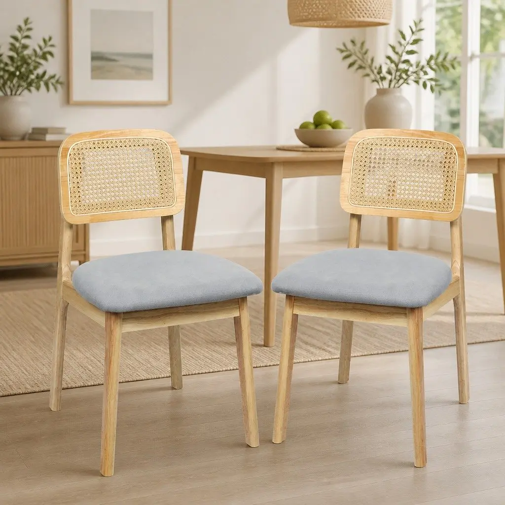 Dining Chair Rattan Wooden Armless Natural Boho Style 2 Piece Set